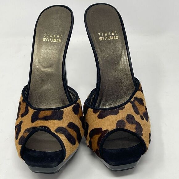 Stuart Weitzman Black Brown Leopard Print Fur Slip On Damsel Heels Size 7.5